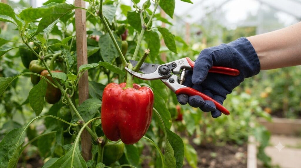 A hand cleanly cutting a vibrantly colored firm bell pepper from its stem