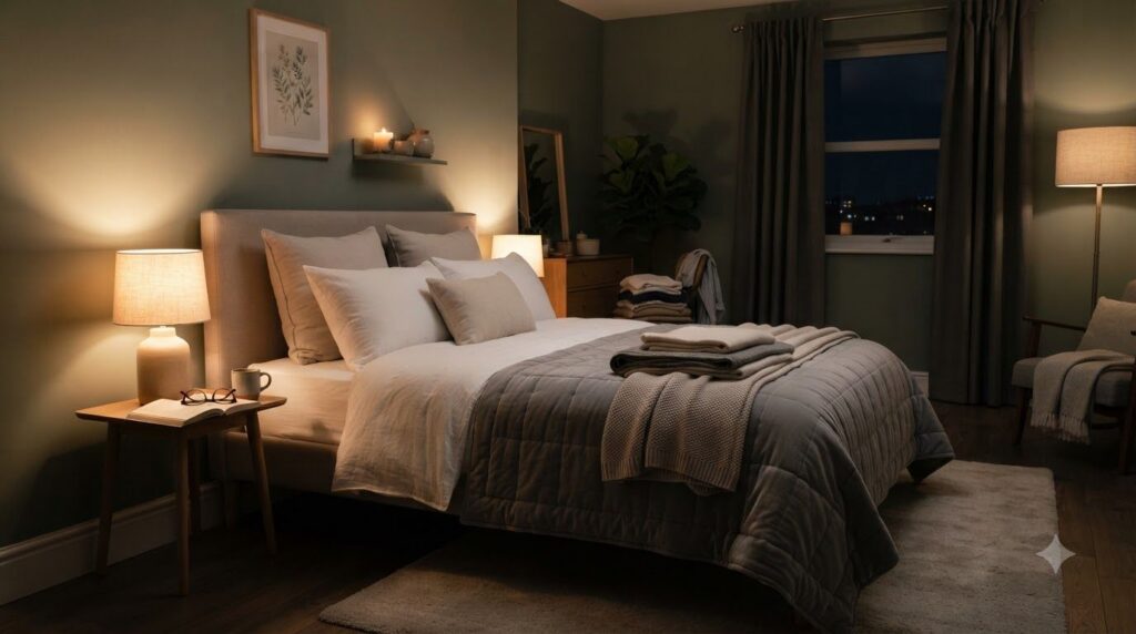 A cozy and serene bedroom environment at night with a made bed and soft lighting suggesting peaceful sleep