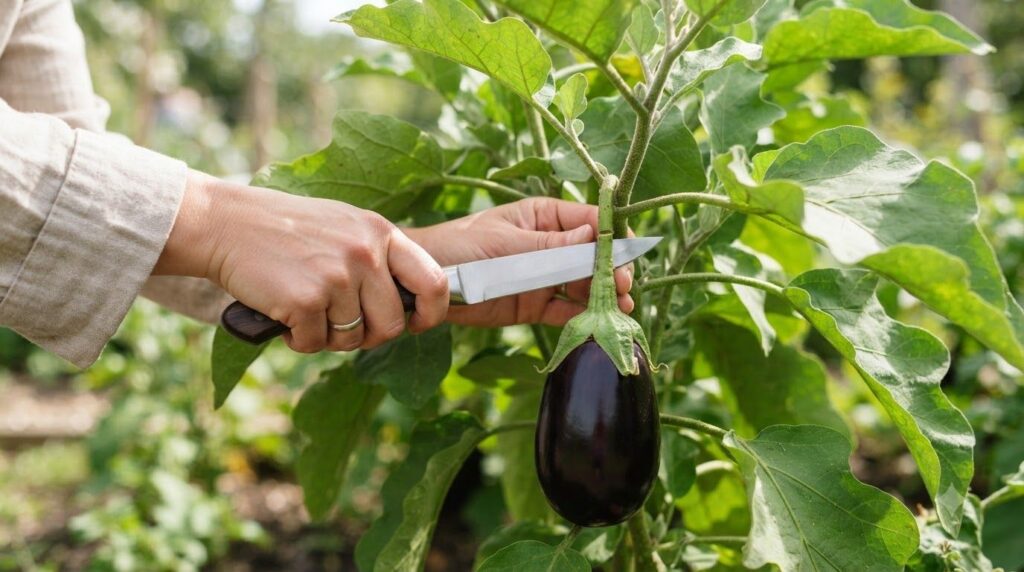 A hand cutting a glossy purple eggplant from its stem