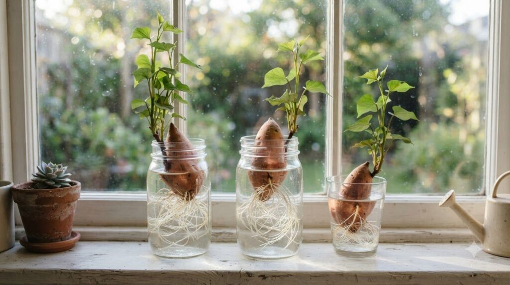 Several sweet potato slips with visible roots growing in clear glass jars filled with water placed on a sunny windowsill
