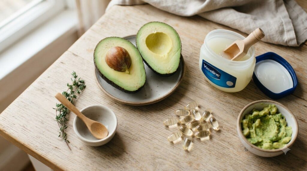 All the ingredients for the mask laid out a cut avocado a jar of Vaseline and a few Vitamin E capsules on a clean surfac