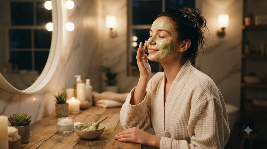 A woman gently applying the green avocado mask to her clean face before bed her eyes closed in relaxation