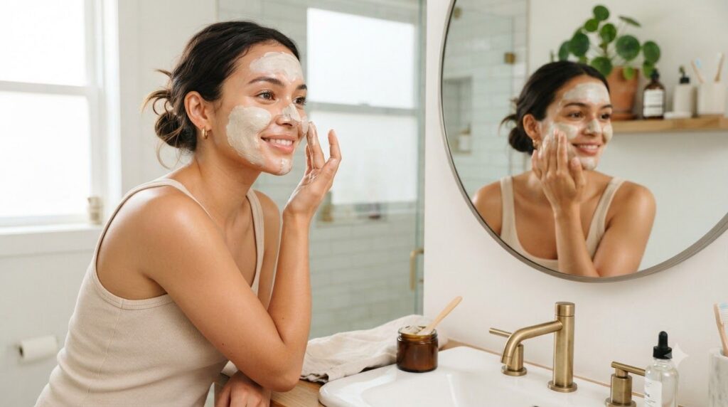 A woman gently applying the DIY Vaseline baby oil and baking soda paste to her face in a bathroom mirror reflection with
