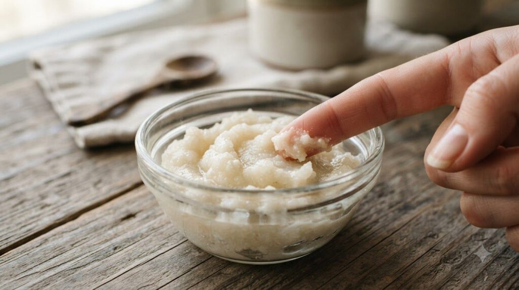 A small bowl with a homemade paste made from Vaseline baby oil and baking soda with a finger gently testing its texture