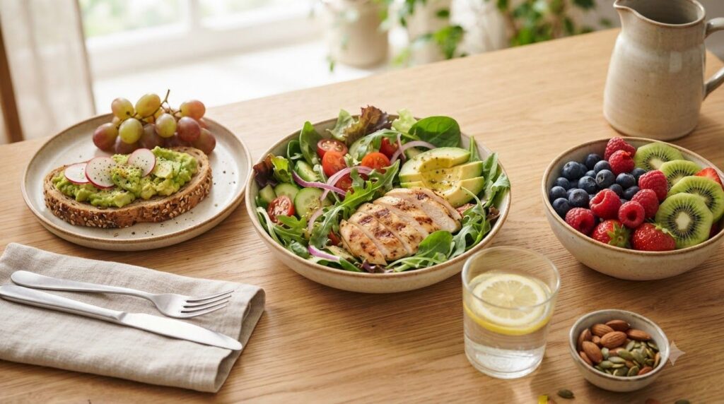 A variety of healthy foods spread out including fruits vegetables lean protein and whole grains symbolizing a balanced d