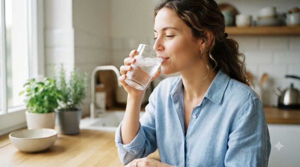 A person drinking a glass of water highlighting the importance of hydration for digestion