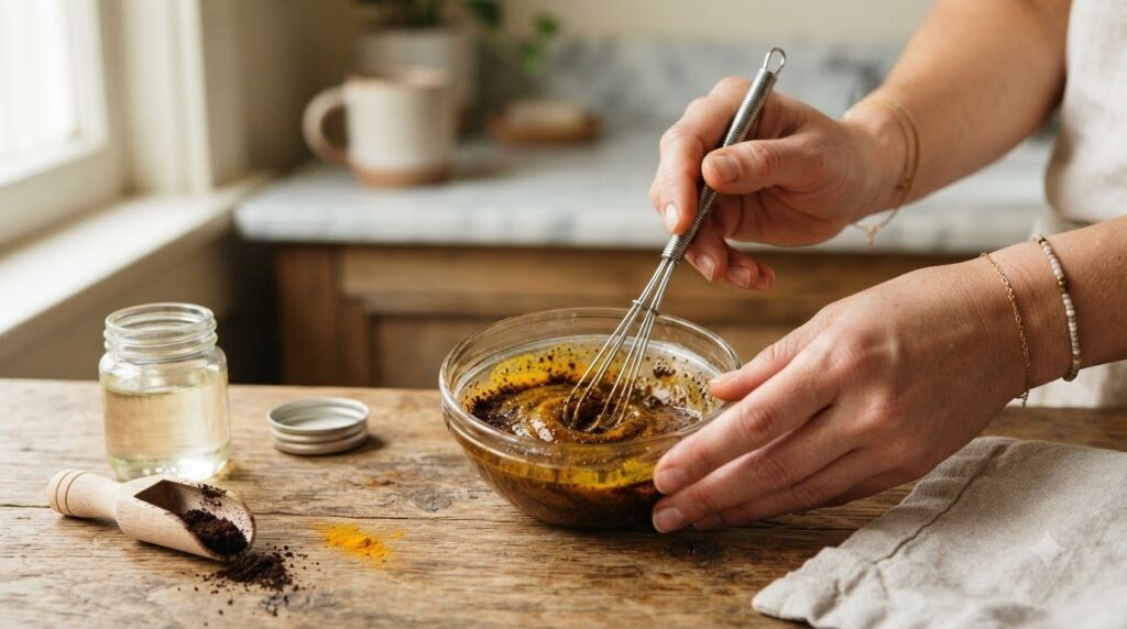 Close-up of hands mixing baby oil with coffee grounds and turmeric powder in a small glass bowl using a mini whisk The i