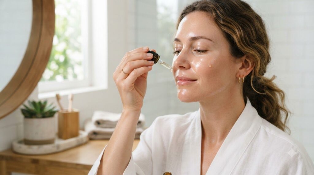 A woman s hand gently applying a few drops of the DIY baby oil blend to her cheek Her skin looks hydrated and has a soft