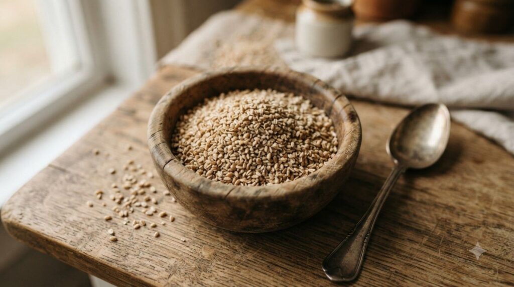 A close-up of dry steel-cut oats in a wooden bowl with a spoon showing their distinct chopped texture