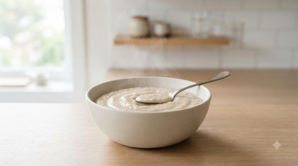 A steaming bowl of instant oatmeal plain with a spoon emphasizing its smooth and quick-cooking nature