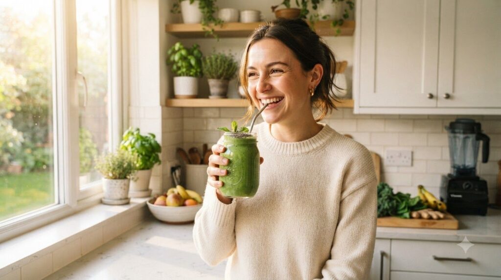 A person enjoying a healthy green smoothie symbolizing nourishment and vitality