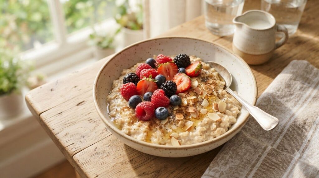 A bowl of creamy cooked rolled oats topped with fresh berries and a drizzle of honey set on a bright table