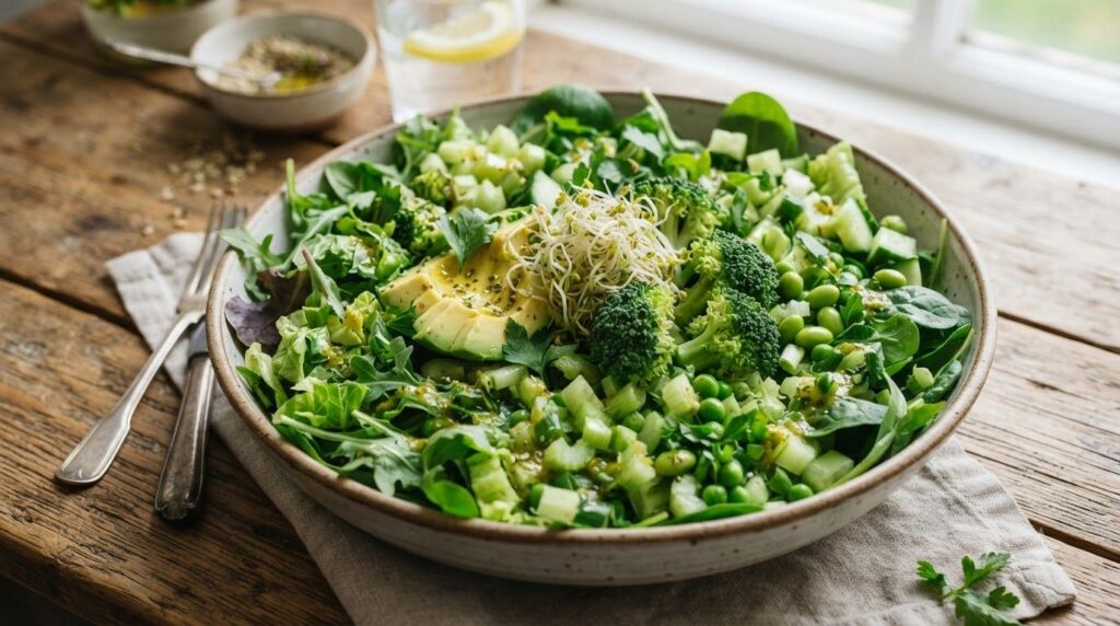 A vibrant salad bowl overflowing with various green vegetables like spinach kale broccoli and avocado