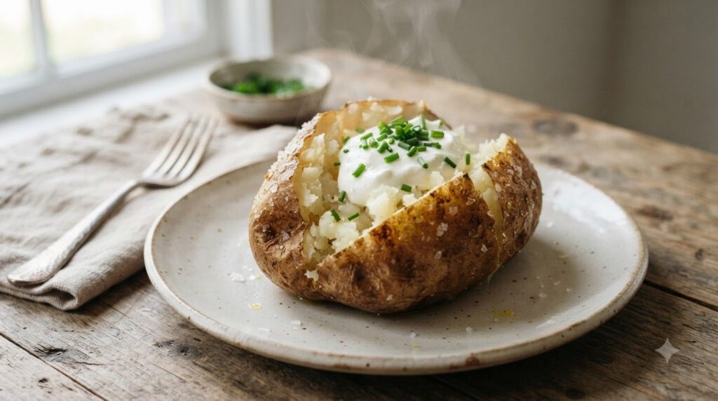 A perfectly baked potato split open with a light dollop of Greek yogurt and chives