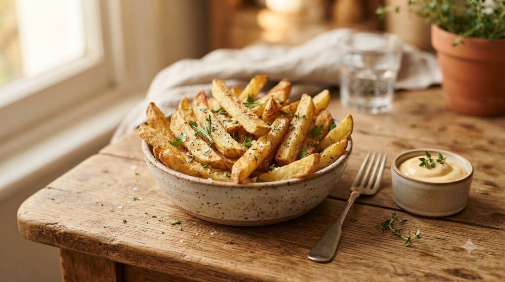 Crispy homemade oven-baked or air-fried potato fries lightly seasoned in a small serving bowl