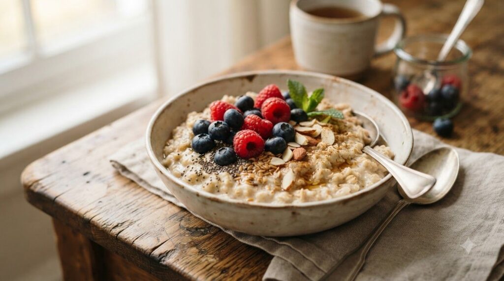 A bowl of creamy oatmeal topped with fresh berries and chia seeds representing soluble fiber sources