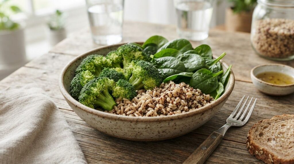 A vibrant mix of vegetables like broccoli spinach and whole grains showcasing insoluble fiber sources