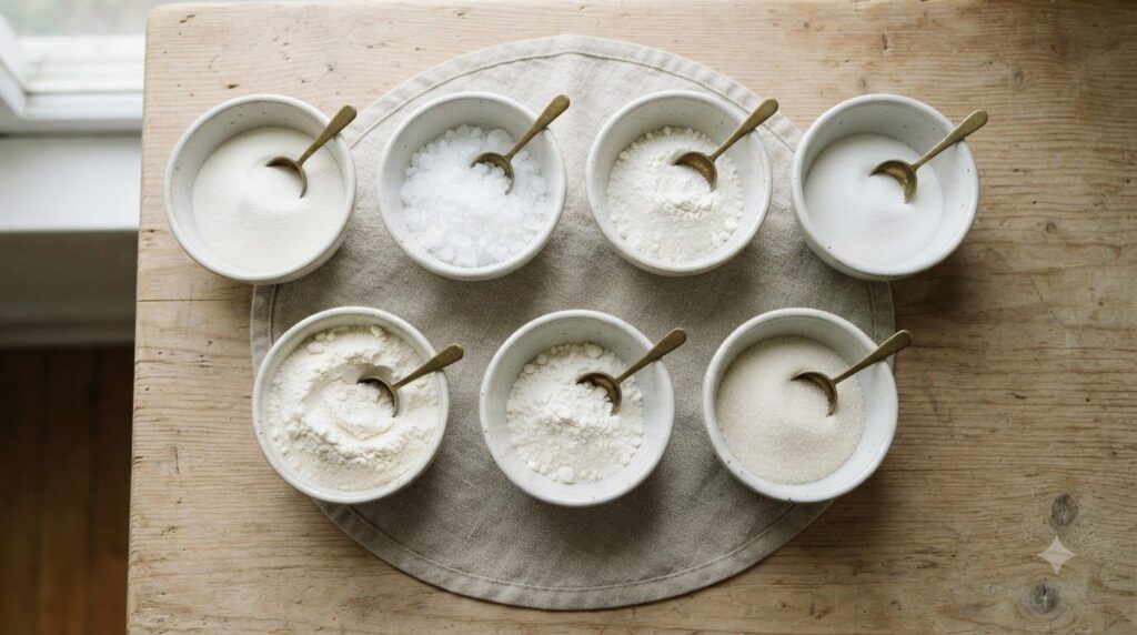 A top-down view of various white powders in separate small bowls such as collagen Vitamin C and hyaluronic acid arranged