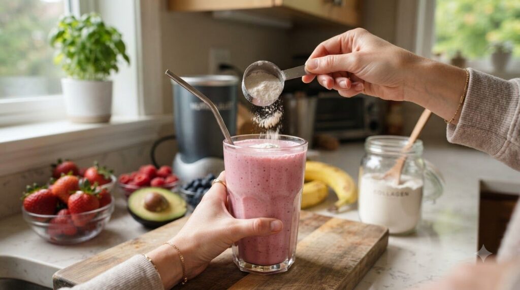 A hand holding a glass of a light pink smoothie with a small scoop of white powder being added to it on a kitchen counte