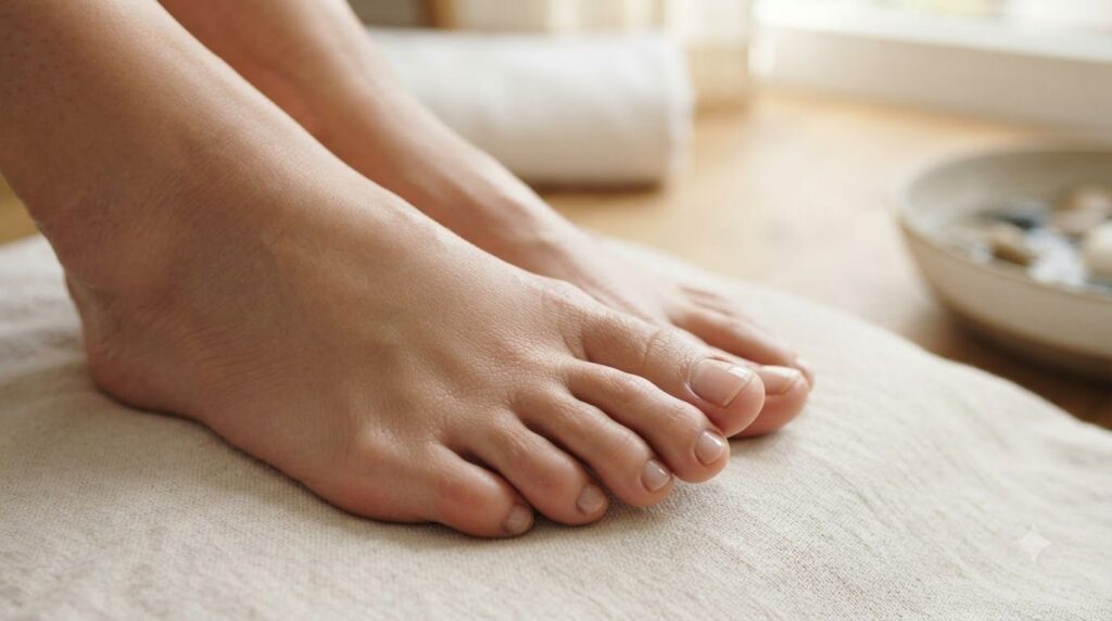 A close-up of healthy clean toenails on well-cared-for feet perhaps with a subtle natural sheen The background is soft a