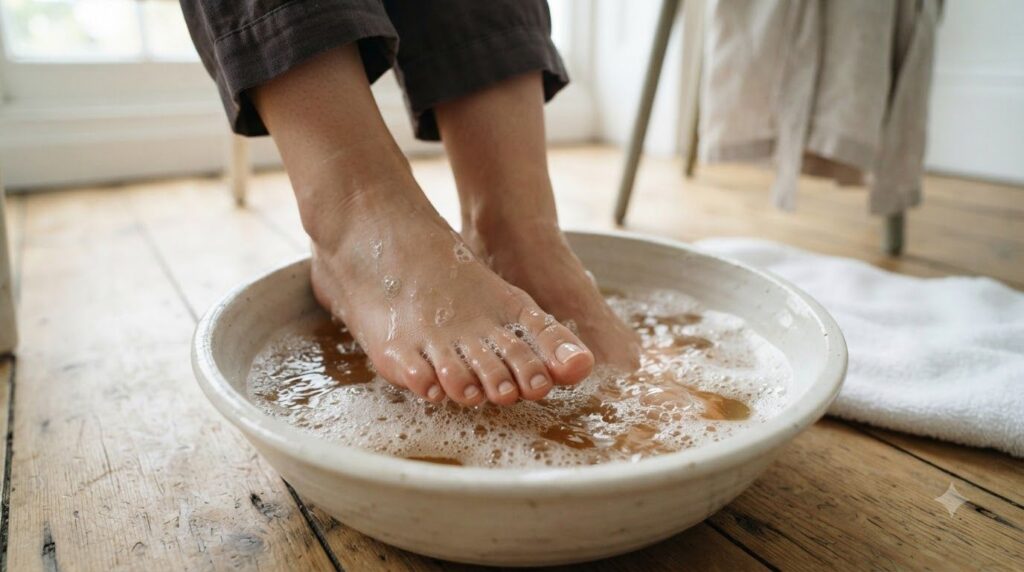A person s feet soaking in a small basin of bubbly foamy water focusing on the toenails The water has a slight brownish 