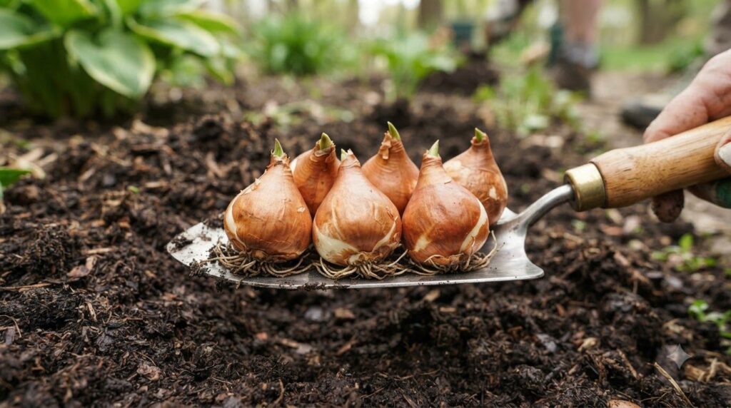 A collection of healthy firm tulip bulbs laid out on a gardening trowel ready for planting