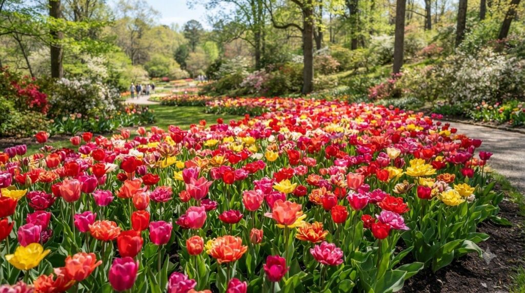 A vibrant bed of red pink and yellow tulips blooming in a sunny spring garden showcasing a beautiful floral display