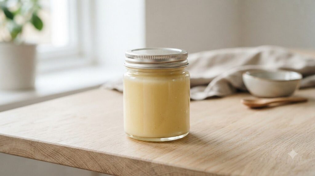 A small airtight jar filled with the freshly made banana honey and Vaseline night balm with a smooth creamy texture