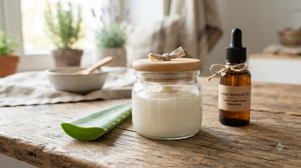 A small elegant glass jar filled with a smooth white homemade rice cream positioned on a wooden surface next to a fresh 