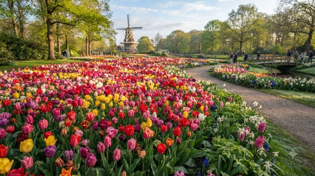 A vibrant garden bed filled with a variety of colorful tulips in full bloom under soft morning light