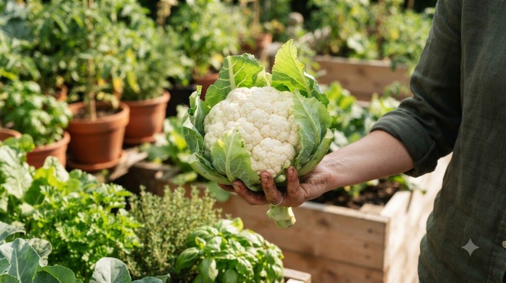 A hand holding a freshly harvested white cauliflower head with green leaves just cut from a plant in a container garden