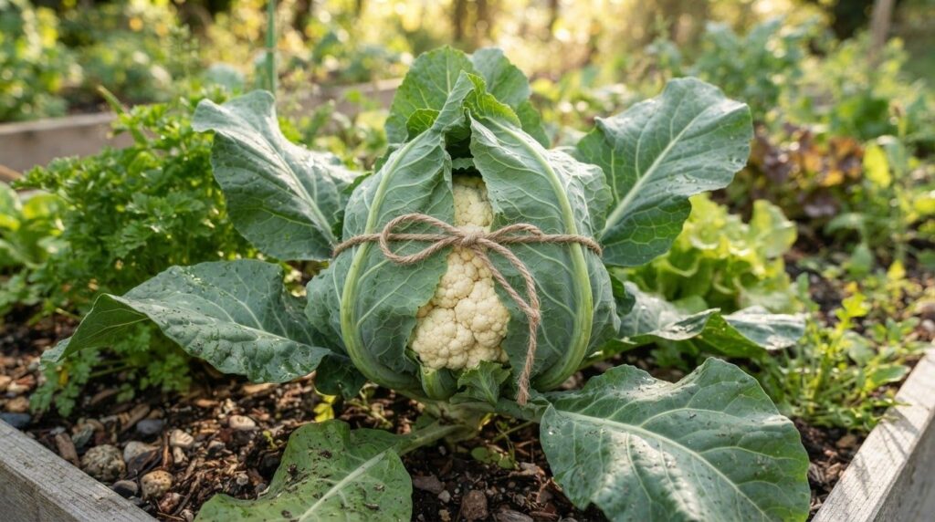 A close-up image showing how to blanch cauliflower by tying the outer leaves over the developing white head with twine