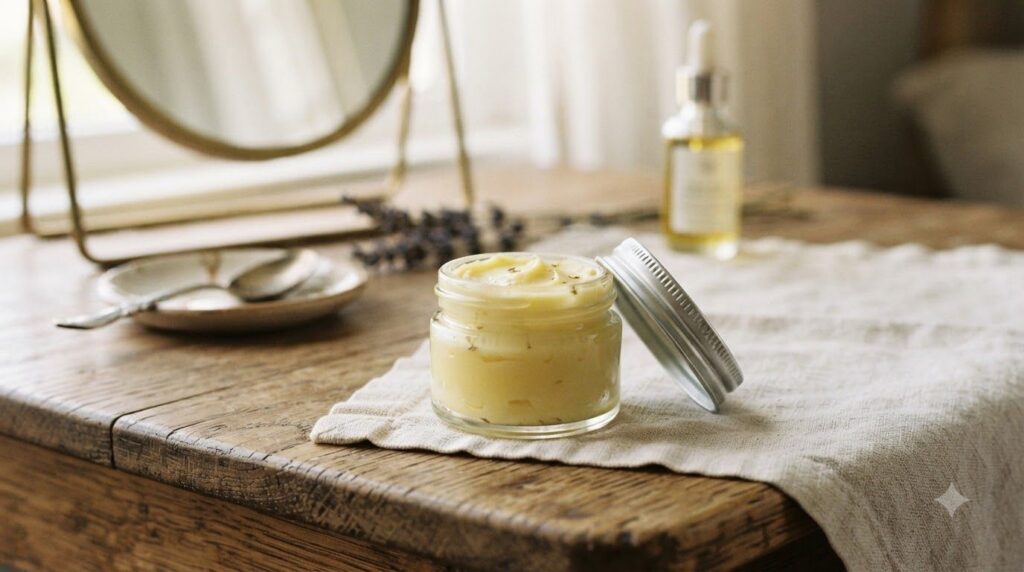 Small jar of homemade lemon glow balm on a vanity table with soft lighting