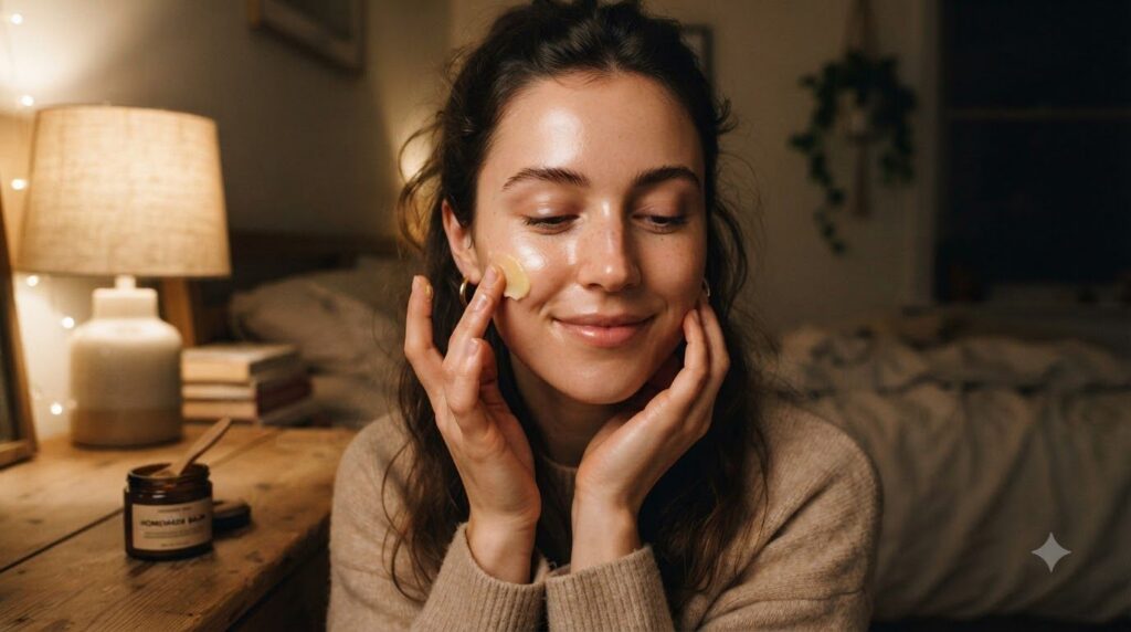 Woman gently applying a homemade balm to her face at night with a soft warm glow and blurred background of a cozy bedroo