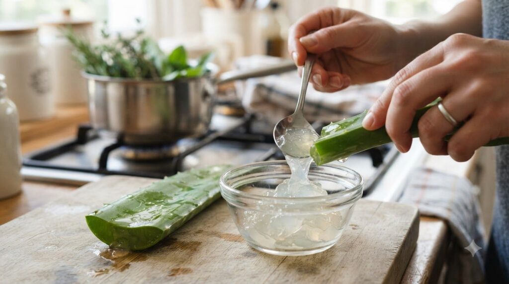 A close-up of fresh aloe vera gel being scooped from a frond into a bowl next to a small saucepan simmering rosemary and