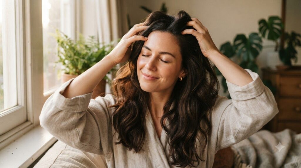 A woman gently massaging her scalp with fingertips after applying a hair tonic with a healthy glowing expression