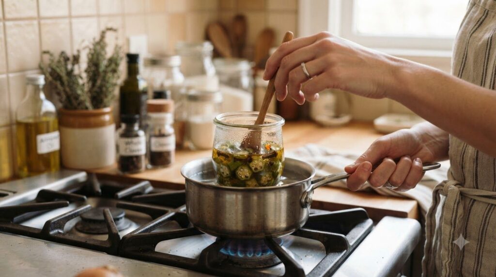 Hands gently stirring a mixture of almond oil sliced okra and whole cloves in a small glass jar heated in a double boile