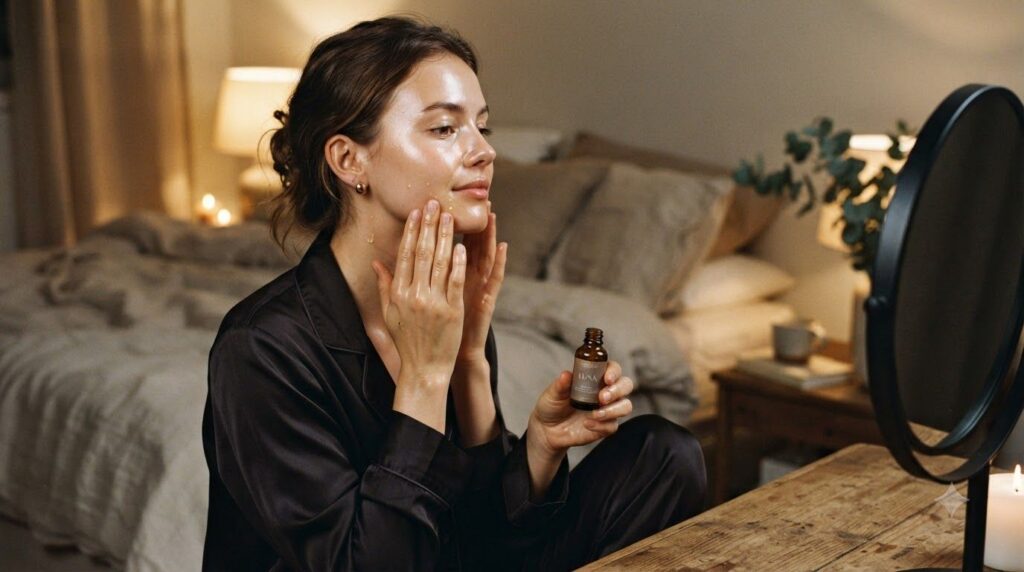 A woman gently massaging a few drops of beauty oil onto her face and neck before bed in a soft tranquil bedroom setting 