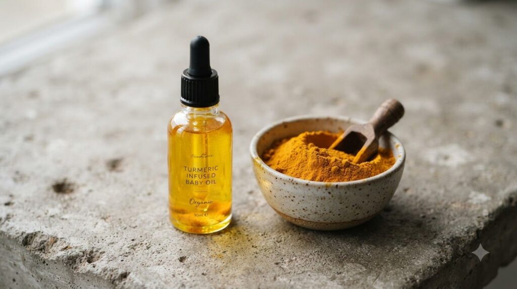 A dropper bottle filled with turmeric-infused baby oil next to a bowl of turmeric powder