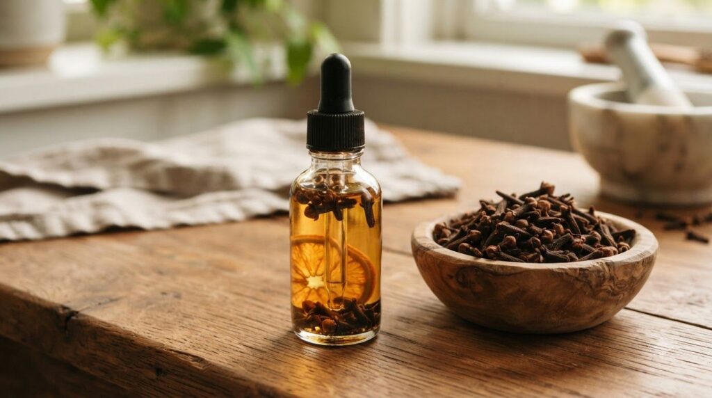 A dropper bottle filled with clove-infused baby oil next to a bowl of whole cloves