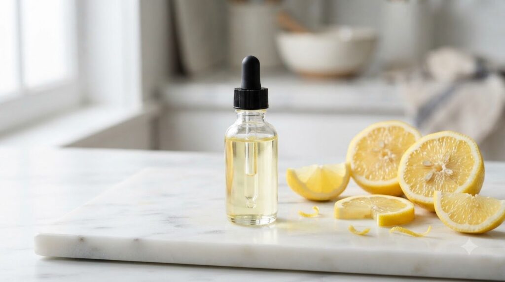 A dropper bottle filled with lemon-infused baby oil next to fresh lemon slices