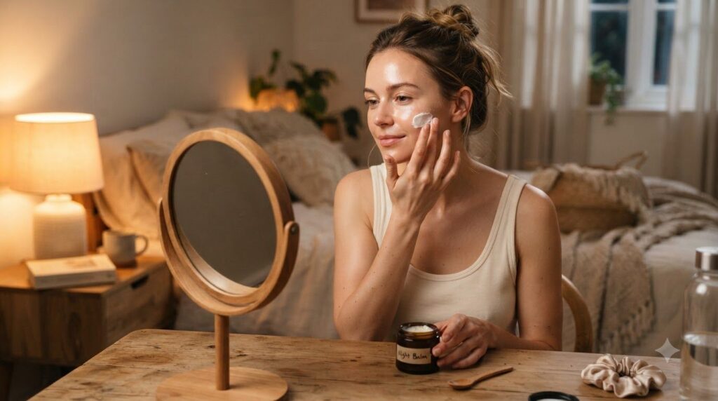 A woman gently applying a thin layer of a homemade white balm to her clean face before bed in a cozy bedroom setting