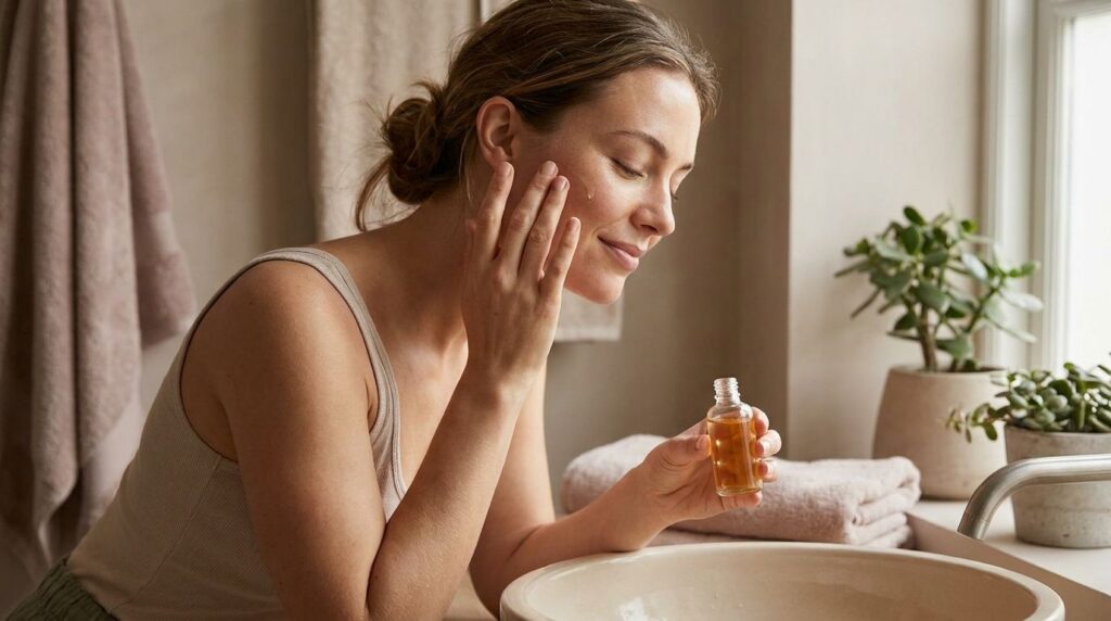 A woman gently massaging infused baby oil onto her face looking relaxed and radiant