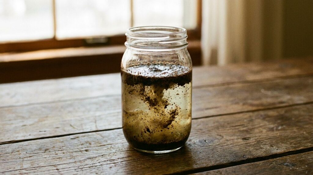 A close-up of coffee grounds infusing in baby oil inside a clear glass jar on a wooden surface with soft light