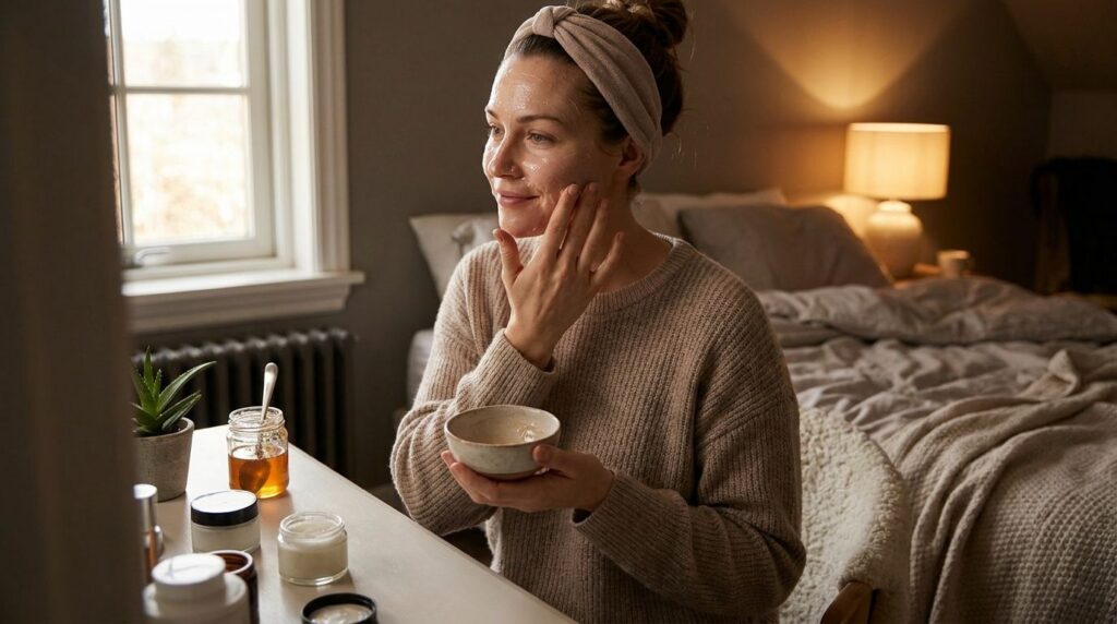 A woman gently applying the DIY aloe honey and Vaseline mixture to her clean face before bed with soft ambient lighting 