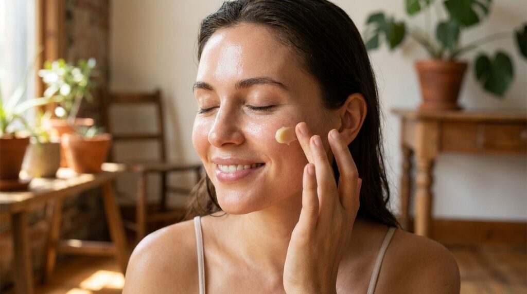 A woman gently applying a small amount of the balm to her face focusing on her cheek or under-eye area with soft hands a