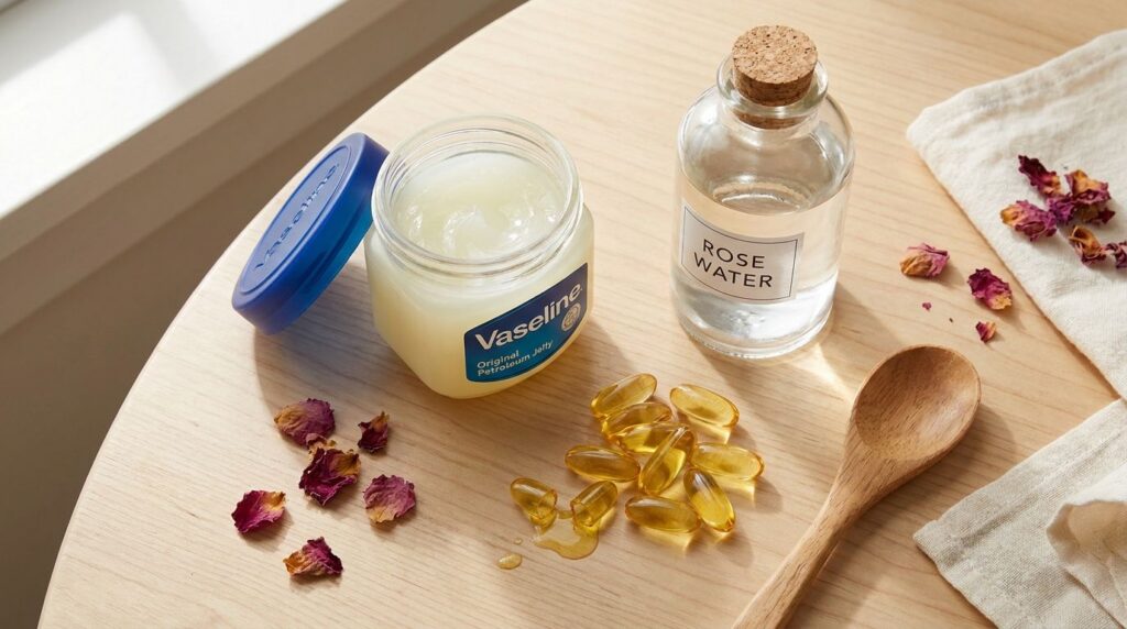 A still life of the ingredients an open jar of Vaseline a bottle of rose water and Vitamin E capsules arranged neatly on
