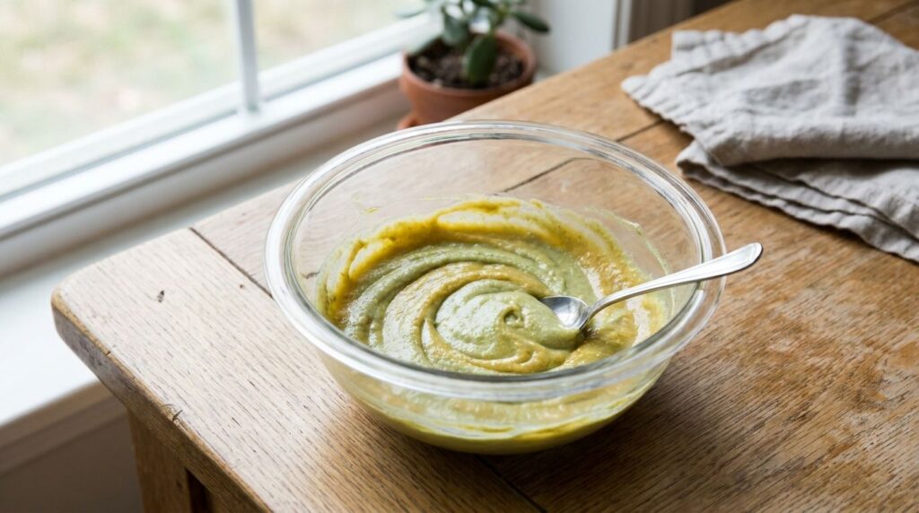 A small clean glass bowl containing the mixed green tea honey and Vaseline mask with a spoon for application