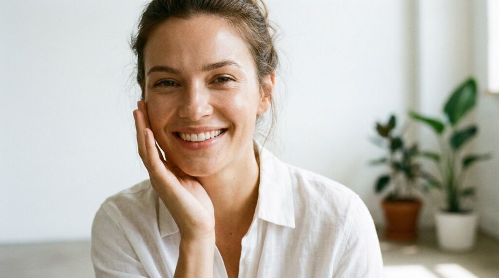 A woman smiling and confidently touching her glowing smooth skin illustrating the results of using the elixir in a soft 