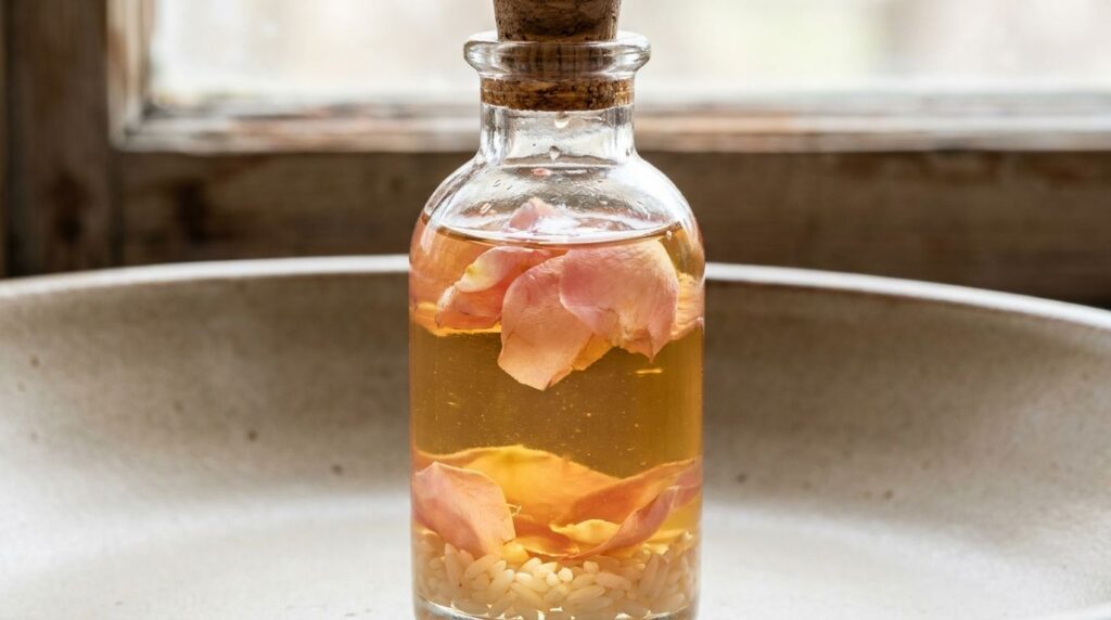 A close-up of a clear glass bottle filled with a golden-hued oil rose petals and rice indicating the infused elixir agai